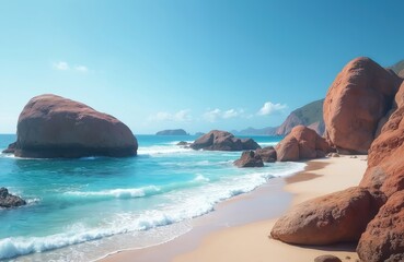 Large rocks on sandy beach washed by clear blue sea waves under bright sunny sky. Ocean coastline features smooth boulders, green hills in background. Peaceful natural landscape offers tranquil