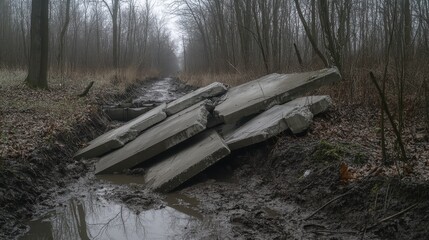 Large broken concrete pipe sections lying on a muddy path in a forest with bare trees