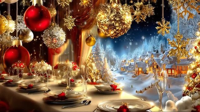 Festive Christmas dinner table decorated with ornaments and snow scene  