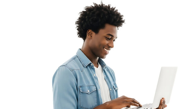 Young black man smiling while working on a laptop computer