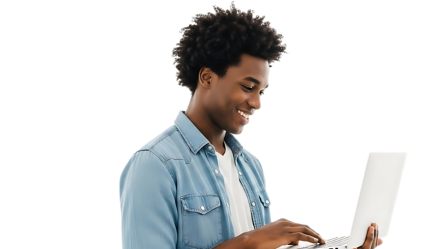 Young black man smiling while working on a laptop computer