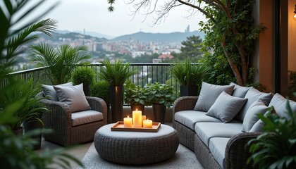 Obraz premium Balcony lounge decorated with wicker furniture. Plants in pots add green to modern design. Sofa and chairs with pillows invite relax with city view. Candles burning.