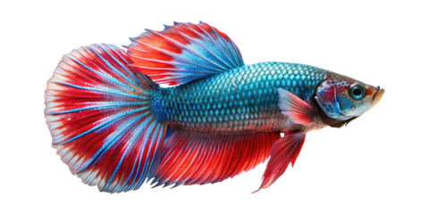Vibrant siamese fighting fish with flowing fins displaying striking blue and red colors isolated on transparent background