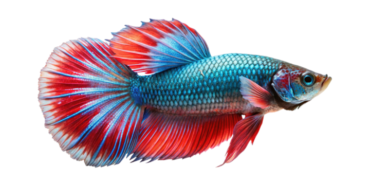 Vibrant siamese fighting fish with flowing fins displaying striking blue and red colors isolated on transparent background