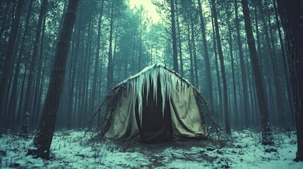 Makeshift shelter covered in icicles located in cold winter forest