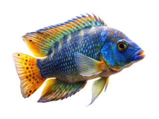 Vibrant blue and orange cichlid fish with intricate fin details isolated on transparent background