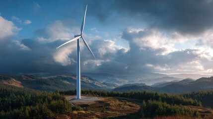Wind turbine stands tall among mountains and forests during a dramatic sky at sunset