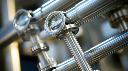 Intricate metal components of a mass spectrometer in close focus