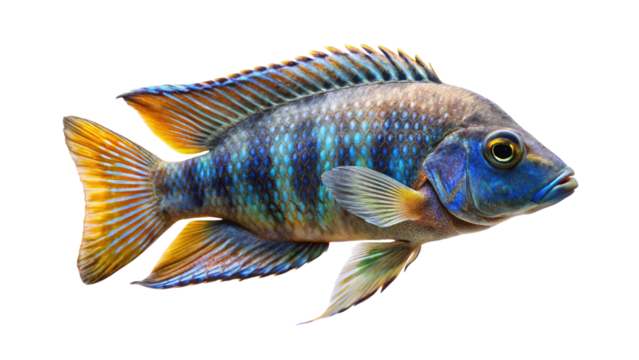Vibrant blue and yellow african cichlid fish with detailed scales isolated on transparent background