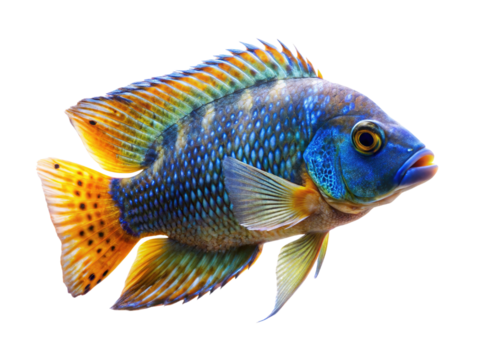 Vibrant blue and orange cichlid fish with intricate fin details isolated on transparent background