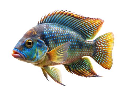 Vibrant blue and yellow cichlid fish with intricate fins isolated on transparent background