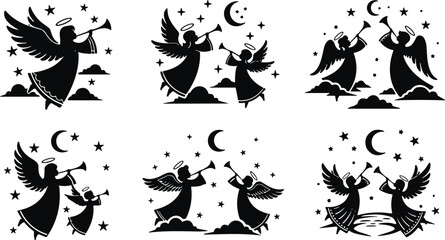 Set of Black Angel Silhouette Vector Icons, Cherubs Blowing Trumpets, Christmas Night Celestial Graphic, Festive Religious Holiday Star Decoration Elements