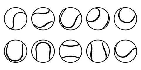 Set of black outline tennis balls with different seam patterns. Tennis ball sport collection. Flat vector illustration isolated on a white background.