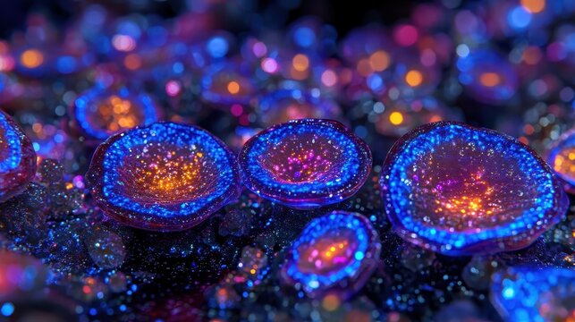 Microscopic View of Luminous Stained Cells in Fluorescence