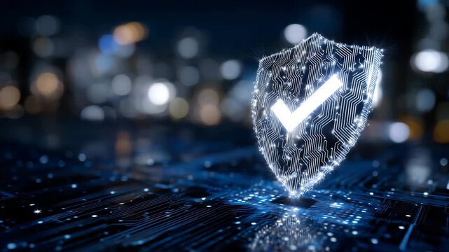 Conceptual digital art showing a floating illuminated shield with glowing circuitry patterns, centered checkmark shining bright against a dark blue matrix backdrop