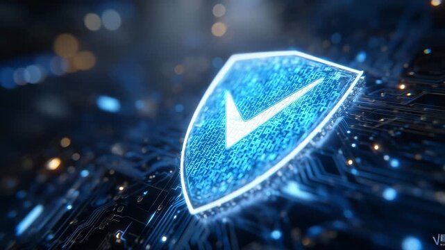 Conceptual close-up of an illuminated shield glowing with a cyber-blue aura, checkmark glowing softly at the core, surrounded by faint circuit patterns