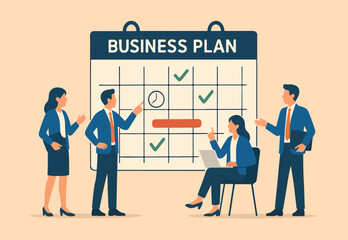 Business planning, development schedule, project management calendar or checklist, brainstorming or analyzing employee, resource management concept, business people discussing business plan schedule