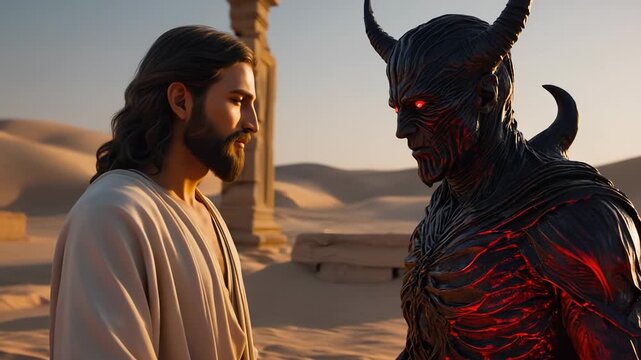 Jesus Christ Confronting the Devil in the Desert, Temptation Scene, Religious Illustration, Good Versus Evil, Spiritual Warfare, Faith and Doubt.