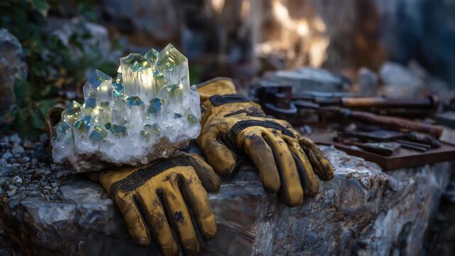 Conceptual photography of luminous mineral clusters in dim mining light, surrounded by rugged tools and gloves symbolizing extraction and the foundation of next-generation technolo