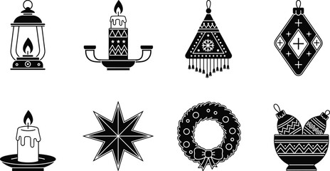 Black Christmas Holiday Icon Vector Set Silhouette Collection, Festive Star Wreath Lantern Ornament Graphics, Traditional Winter Season Decoration Elements, Isolated Design Graphics