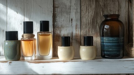 Perfume bottles displayed on distressed wooden shelf with light