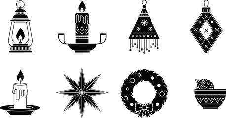 Black Christmas Holiday Icon Vector Set Silhouette Collection, Candle Lantern Star Wreath Ornament Graphics, Traditional Winter Season Decoration Elements, Isolated Design