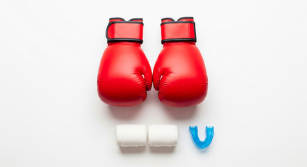 Boxing Equipment Ready for Training and Match
A clean, brightly lit studio shot of essential boxing gear laid out on a white background