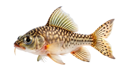 A detailed studio photograph of a corydoras paleatus fish with distinctive markings isolated on transparent background