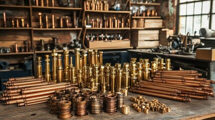 Pile of tarnished brass fittings and copper pipes in workshop