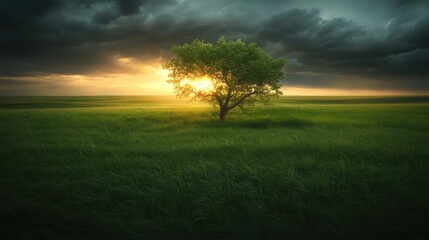 Lone tree with sunlight breaking through stormy clouds