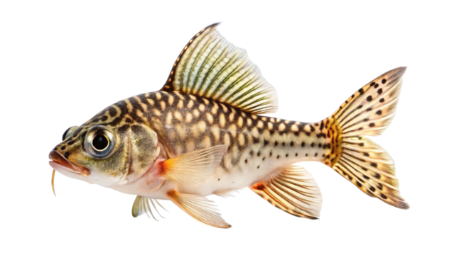 A detailed studio photograph of a corydoras paleatus fish with distinctive markings isolated on transparent background