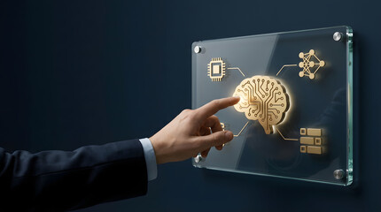 Executive Hand Activating Golden AI Brain on Futuristic Glass Interface