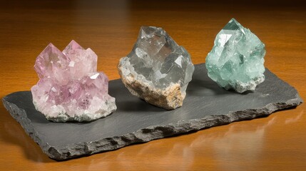 Polished Gemstones Arranged on a Slate Surface
