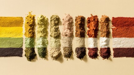 Colorful array of spices arranged in lines on beige background for culinary design inspiration