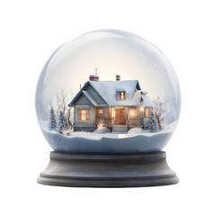 Winter cottage in a snow globe isolated on white background