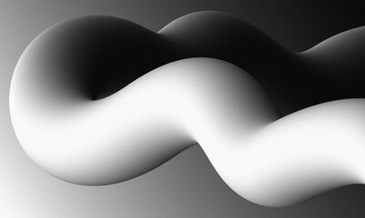 A wavy 3D ribbon curl. Fluid line, stripe shape in dark gray, white, black smooth gradients, twisting dynamically across a monochrome background. Futuristic web design. ZigZag. Grainy noise texture