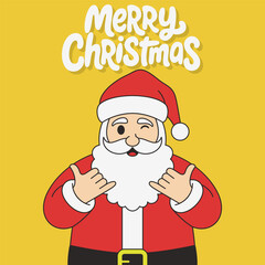 Cheerful Cartoon Santa Claus Showing Shaka Sign and Winking with Merry Christmas Lettering