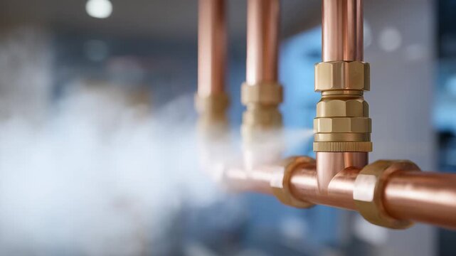 Detailed close-up of copper pipe fittings and valves connected to home heating boiler, steam rising softly