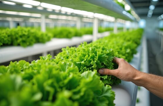 Hand holds fresh green lettuce at hydroponics farm. Person picks salad leaves in agricultural vertical greenhouse with cultivation tech, future food industry development and green eco farming.