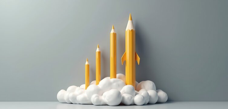 Illustration of pencil rocket launching. Education concept uses pencil shapes. Symbol of success and learning. Creative design on minimalist grey background shows smart study.