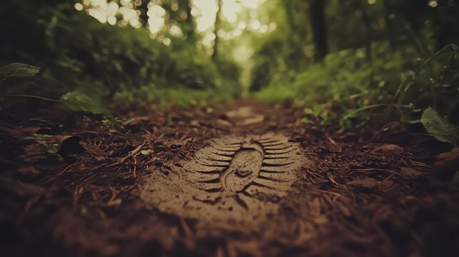 Muddy boot print on a forest trail leading into dense green woods