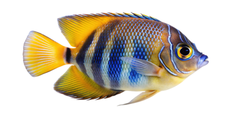 Vibrant yellow and blue striped angelfish swimming in clear water isolated on transparent background