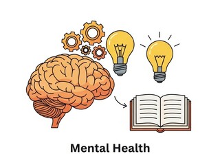 illustration of human brain, gears, lightbulbs, open book. Mental health concept suitable for psychology clinics, education posters, medical websites, brainstorming presentations, counseling logo