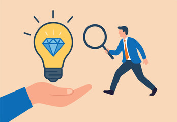Business value, discover opportunity or benefit from idea, quality measurement or search for brilliant idea worth concept, businessman discover valuable priceless diamond from bright lightbulb idea