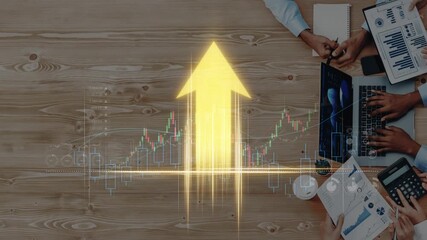 A dynamic business meeting showcasing teamwork and financial analysis on a wooden table. Visualize growth with upward trends and data graphs signifying success. Raster - Powered by Adobe