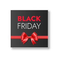Black Friday Sale Banner with Realistic Red Gift Bow