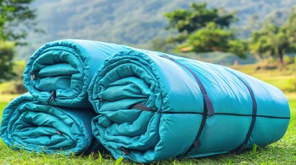 Rolled blue tarpaulins secured with straps lie on the grass with trees in the background