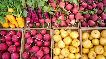Overhead view of colorful organic radishes and potatoes in crates