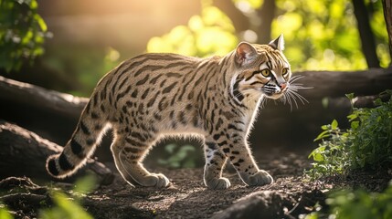 Ocelot walking through forest with beautiful spotted fur