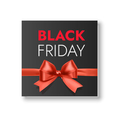Black Friday Sale Banner with Realistic Red Gift Bow